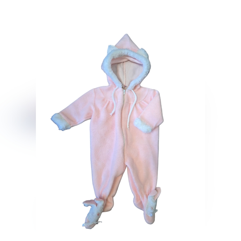 Vintage Kanata Baby Snowsuit Pink Fleece Hooded One-Piece Booties Made in Canada